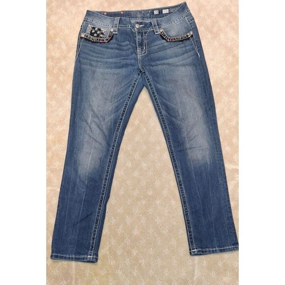 Miss Me Denim - Miss Me Jeans Women's Size 28X27 Easy Crop Mid-Rise American Flag Bling Pocket